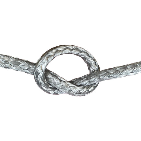 Close-up of grey HMPE in a knot on a white background