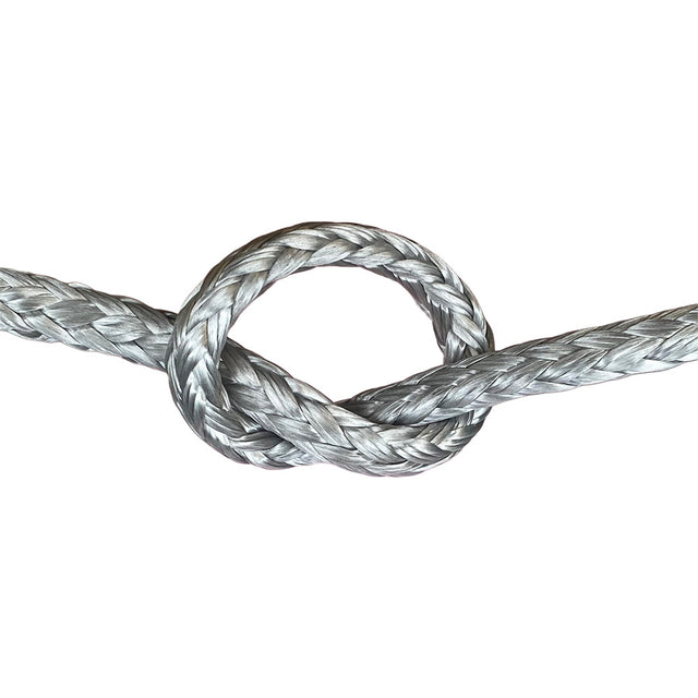 Close-up of grey HMPE in a knot on a white background