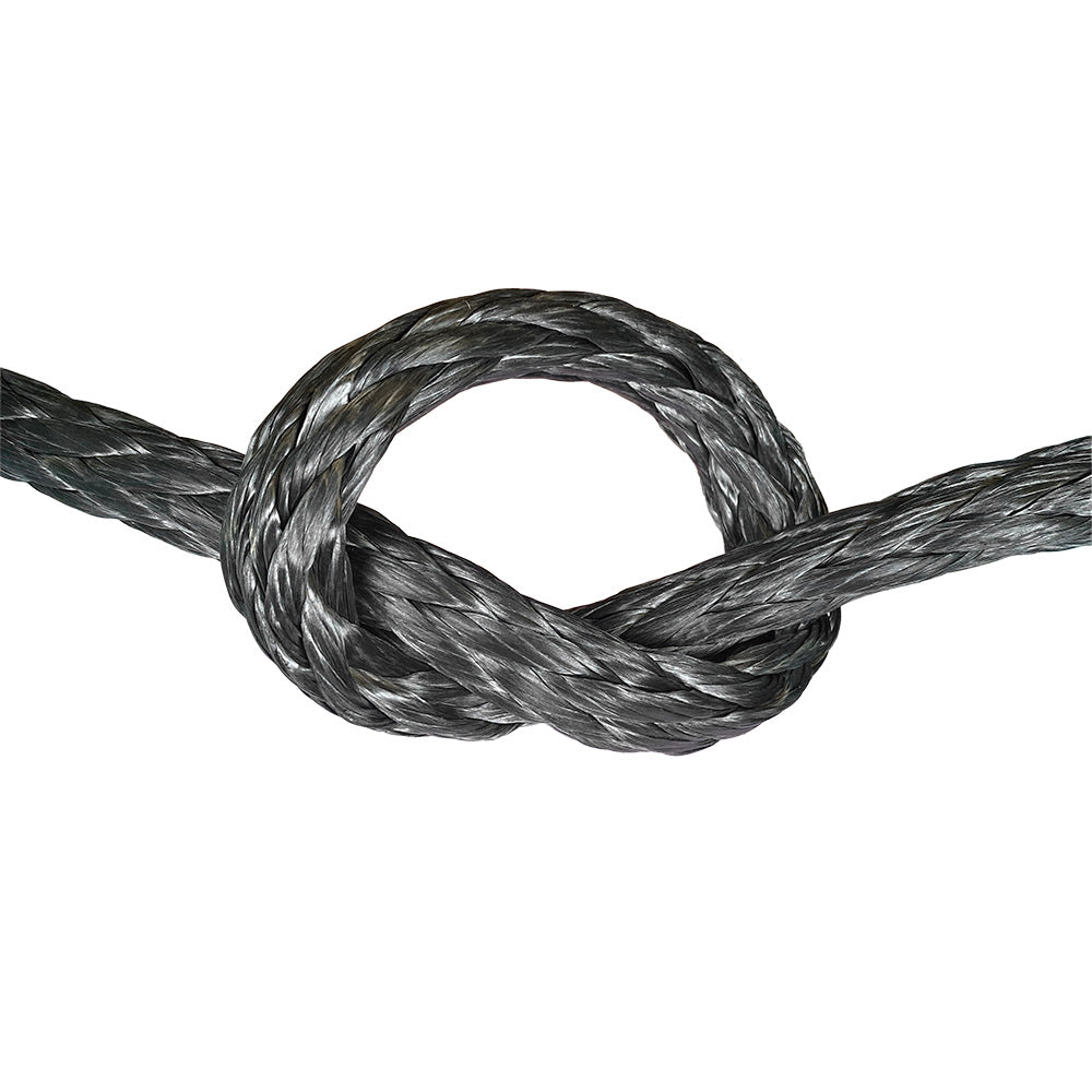 Close-up of grey HMPE in a knot on a white background