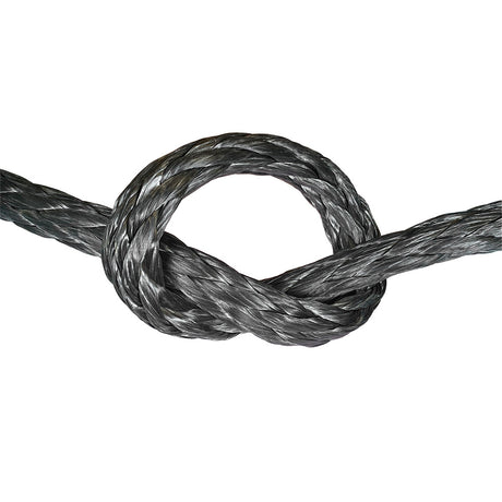 Close-up of grey HMPE in a knot on a white background