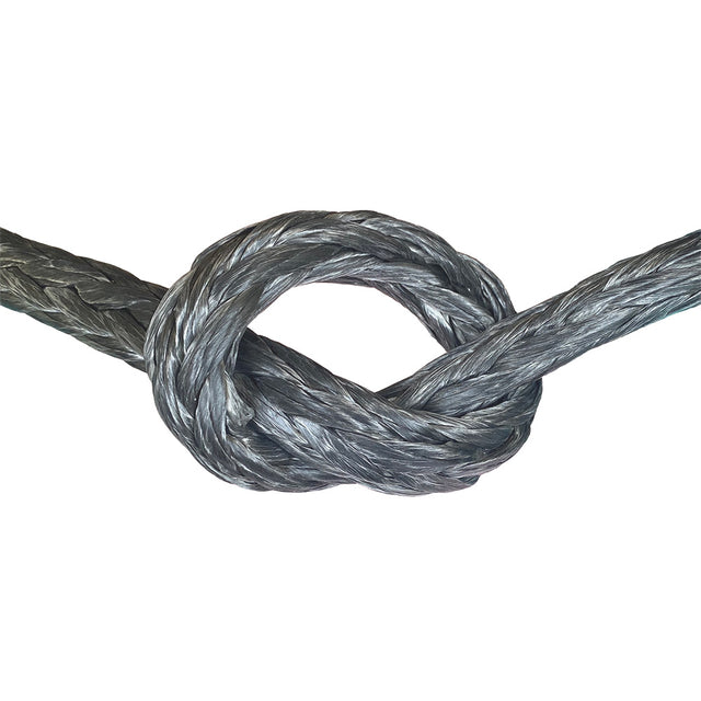 Close-up of grey HMPE in a knot on a white background