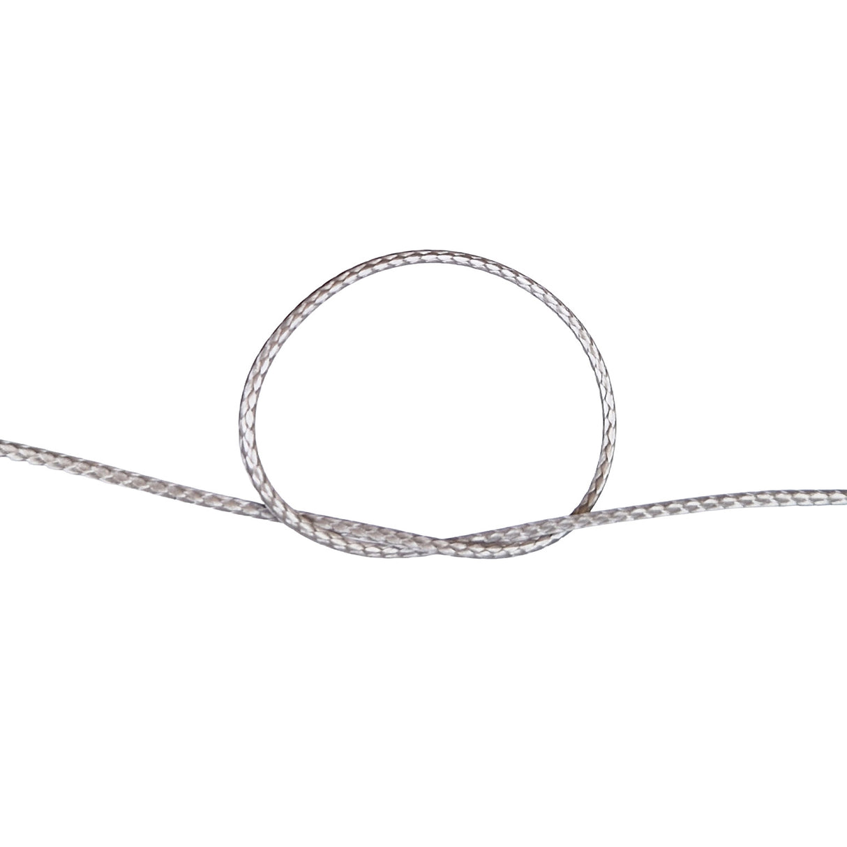 Close-up of a knot of grey HMPE rope on a white background
