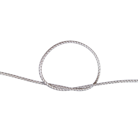 Close-up of a knot of grey HMPE rope on a white background