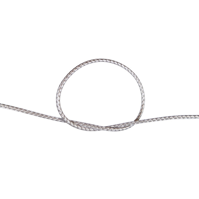 Close-up of a knot of grey HMPE rope on a white background
