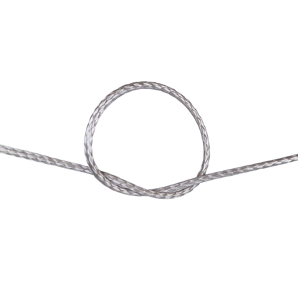 Close-up of a knot of grey HMPE rope on a white background