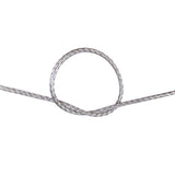 Close-up of a knot of grey HMPE rope on a white background