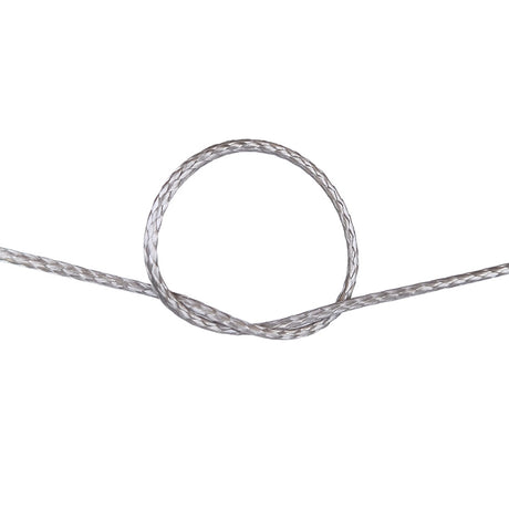 Close-up of a knot of grey HMPE rope on a white background