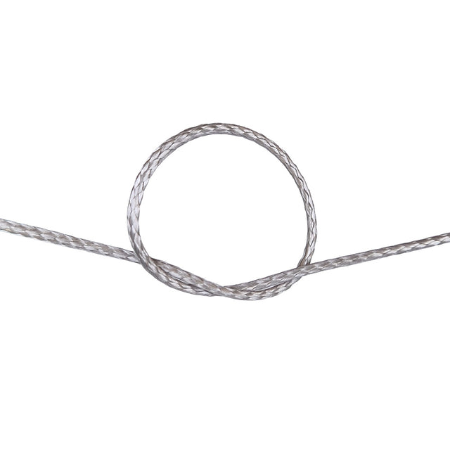 Close-up of a knot of grey HMPE rope on a white background