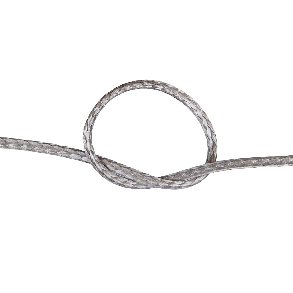 Close-up of a knot of grey HMPE rope on a white background