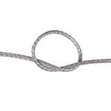 Close-up of a knot of grey HMPE rope on a white background