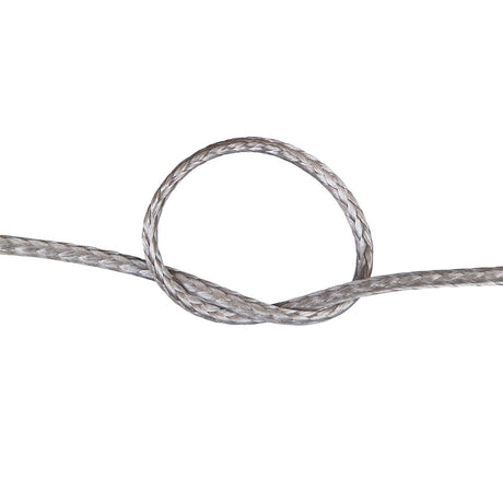 Close-up of a knot of grey HMPE rope on a white background