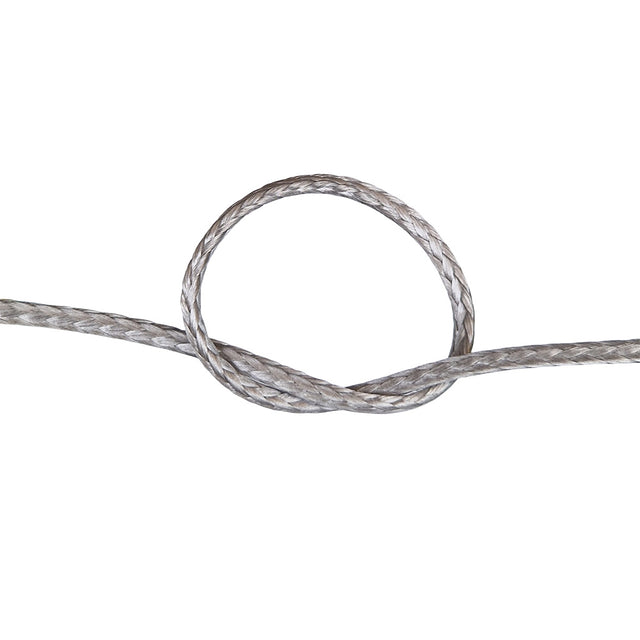 Close-up of a knot of grey HMPE rope on a white background