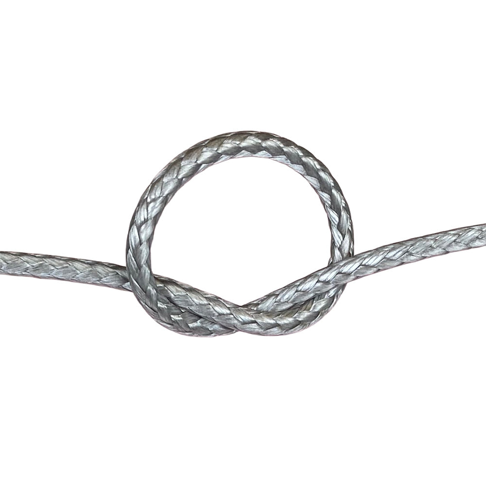 Close-up of grey HMPE in a knot on a white background