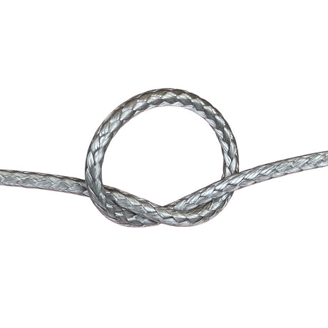 Close-up of grey HMPE in a knot on a white background