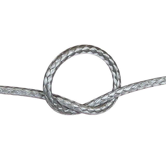 Close-up of grey HMPE in a knot on a white background