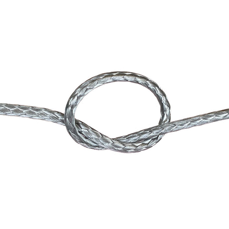 Close-up of grey HMPE in a knot on a white background