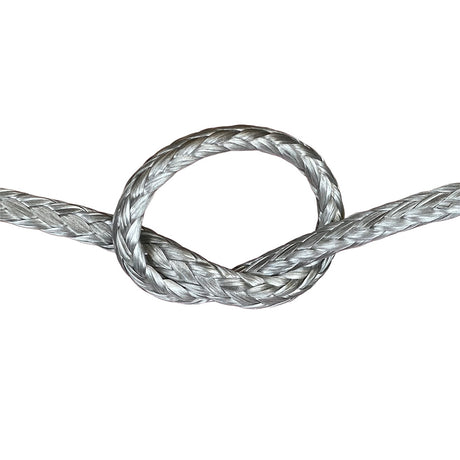 Close-up of grey HMPE in a knot on a white background