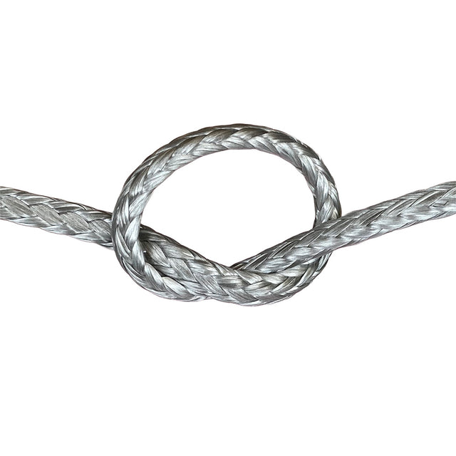 Close-up of grey HMPE in a knot on a white background