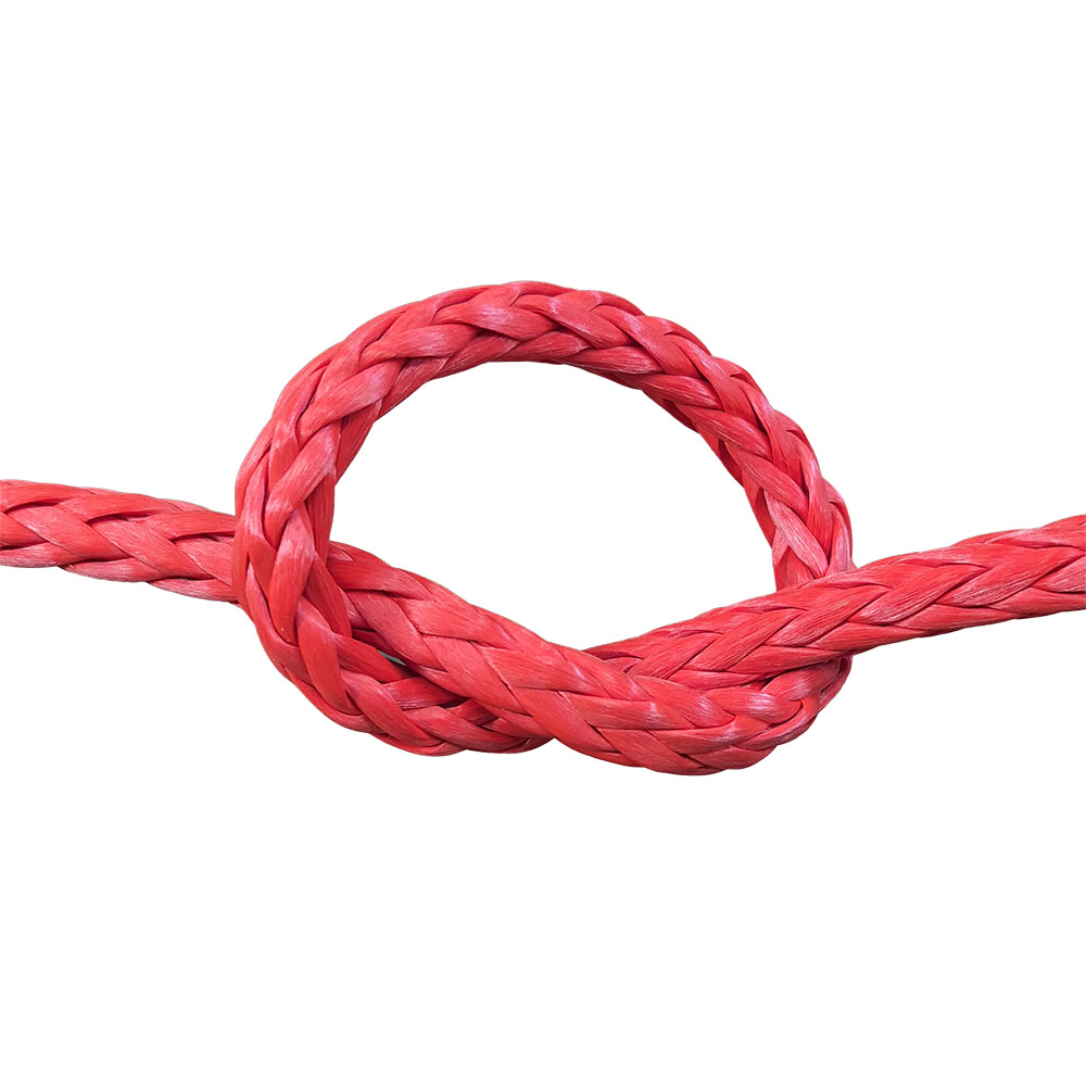 Red braided HMPE rope tied in a knot on a white background