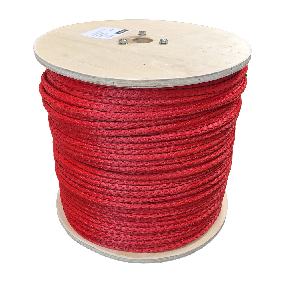Spool of red braided HMPE rope on a white background