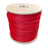 Spool of red braided HMPE rope on a white background