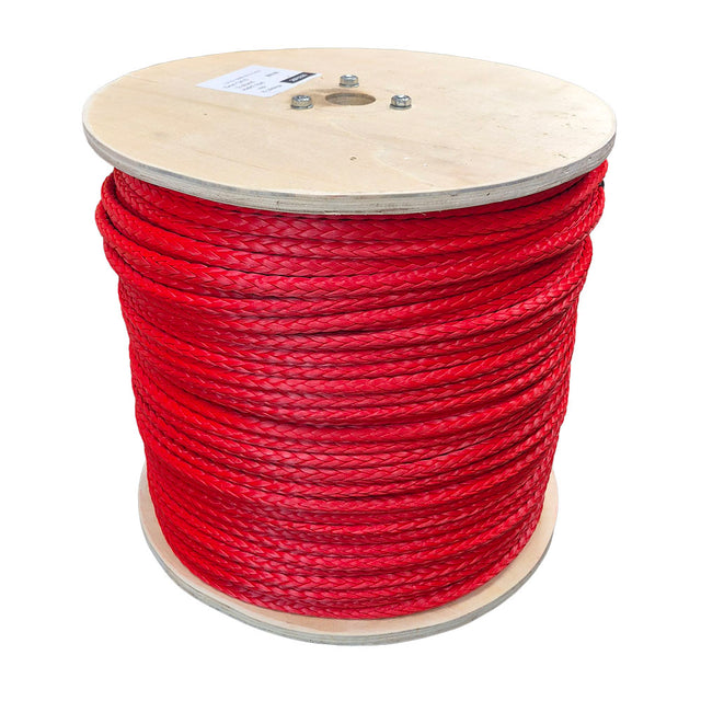 Spool of red braided HMPE rope on a white background