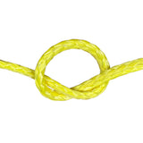 Close-up of yellow HMPE in a knot on a white background