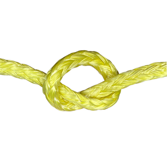 Close-up of yellow HMPE in a knot on a white background