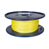 Spool of 2mm yellow HMPE rope on a blue spool with a white background