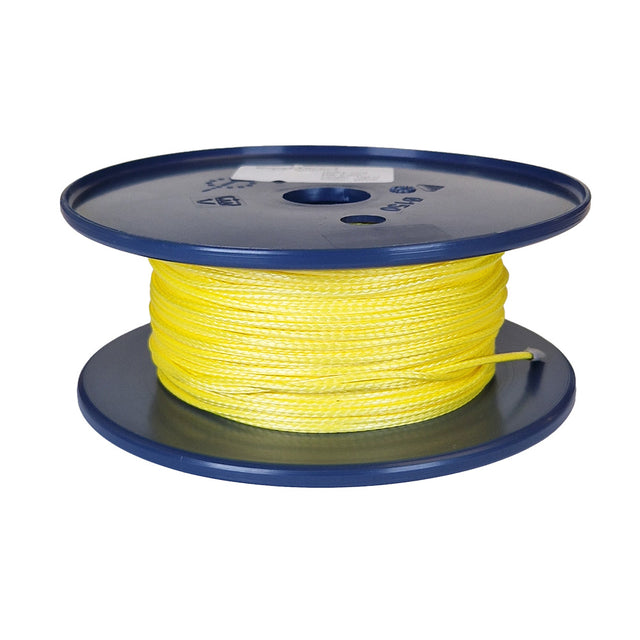 Spool of 2mm yellow HMPE rope on a blue spool with a white background