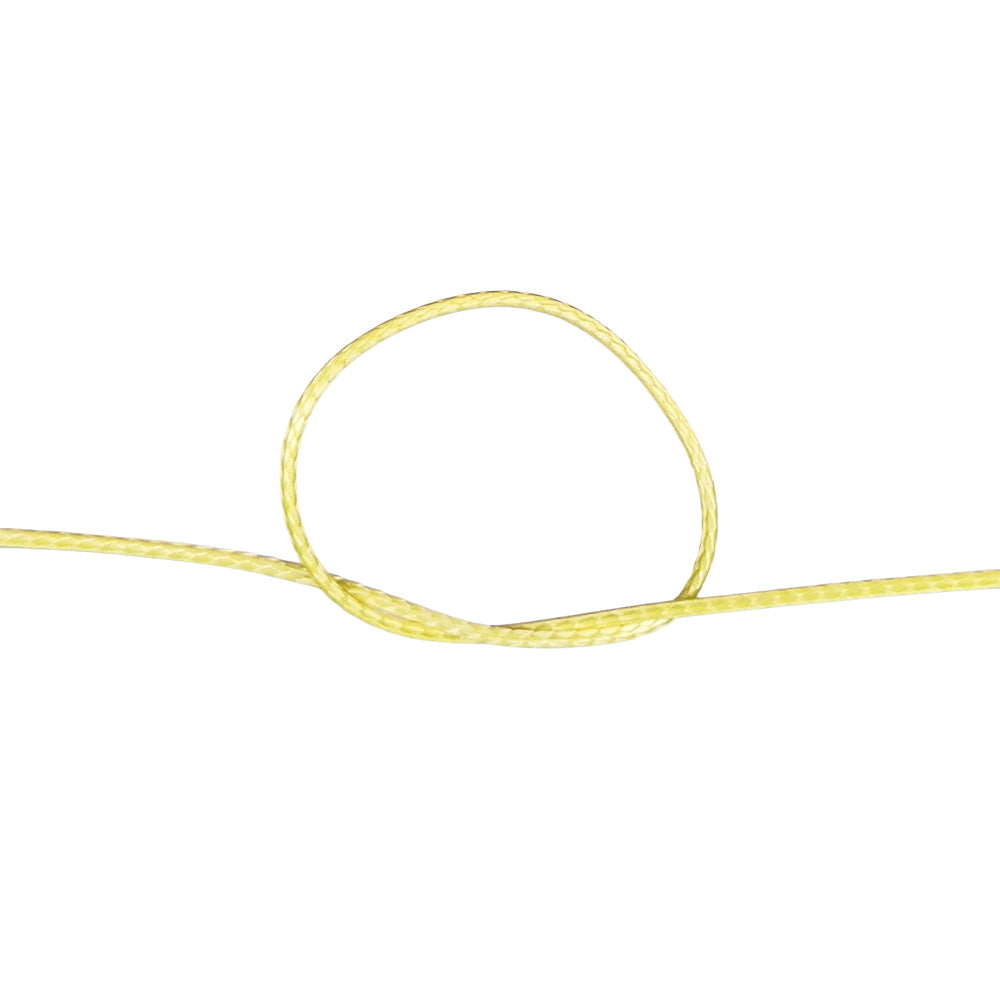 Close-up of 2mm yellow HMPE rope in a knot with a white background