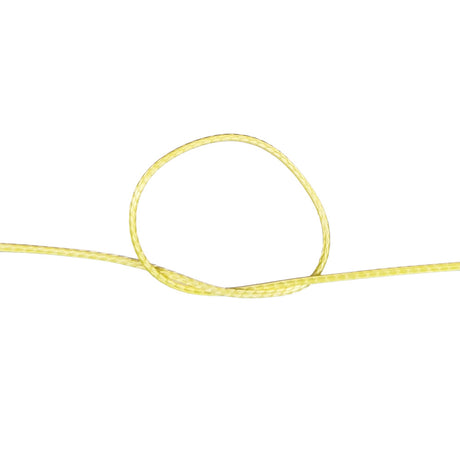 Close-up of 2mm yellow HMPE rope in a knot with a white background