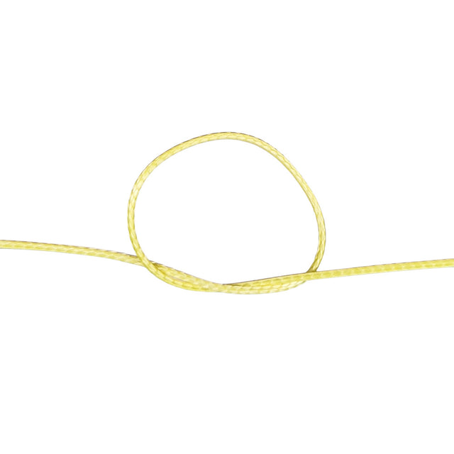 Close-up of 2mm yellow HMPE rope in a knot with a white background