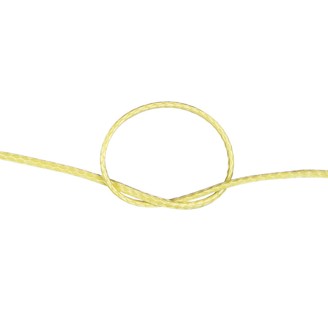 Close-up of a knot of yellow HMPE rope on a white background