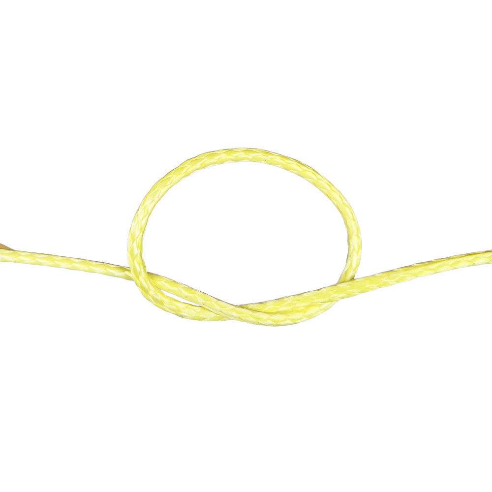 Close-up of a knot of yellow HMPE rope on a white background