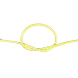 Close-up of a knot of yellow HMPE rope on a white background