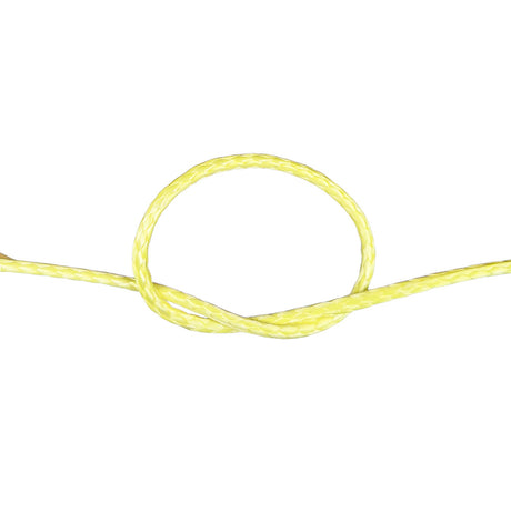 Close-up of a knot of yellow HMPE rope on a white background