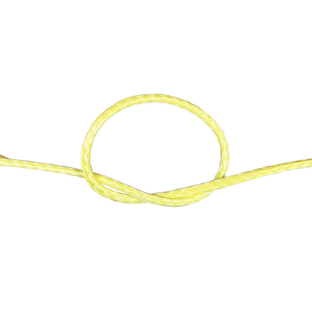 Close-up of a knot of yellow HMPE rope on a white background