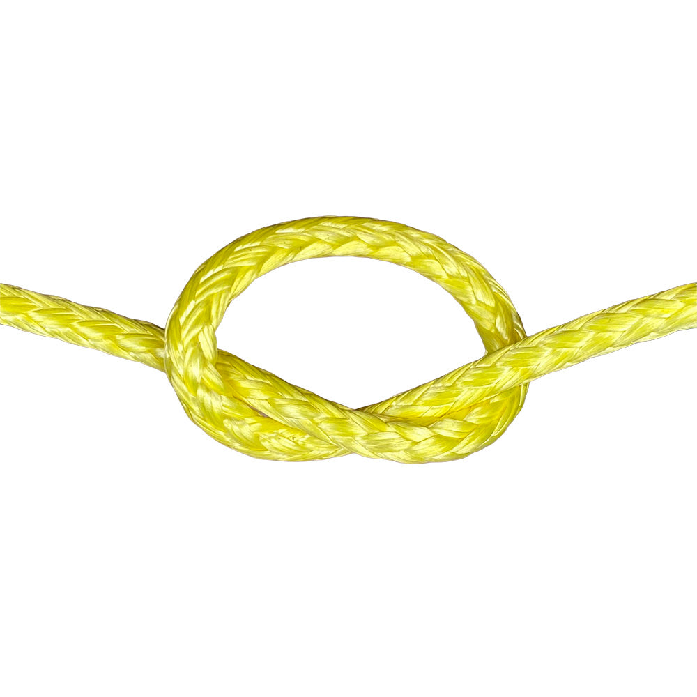 Close-up of yellow HMPE in a knot on a white background