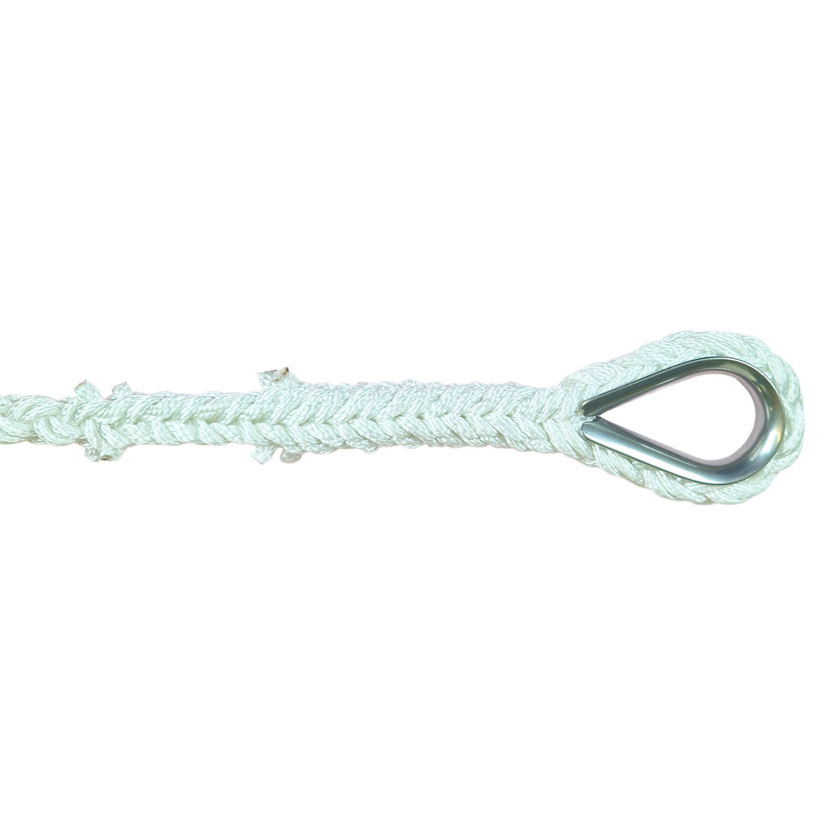 Close-up of an eye splice with metal thimble in an 8-strand white nylon rope against a white background