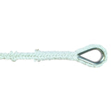 Close-up of an eye splice with metal thimble in an 8-strand white nylon rope against a white background
