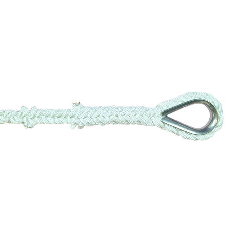 Close-up of an eye splice with metal thimble in an 8-strand white nylon rope against a white background