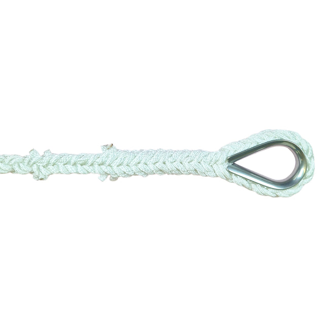Close-up of an eye splice with metal thimble in an 8-strand white nylon rope against a white background