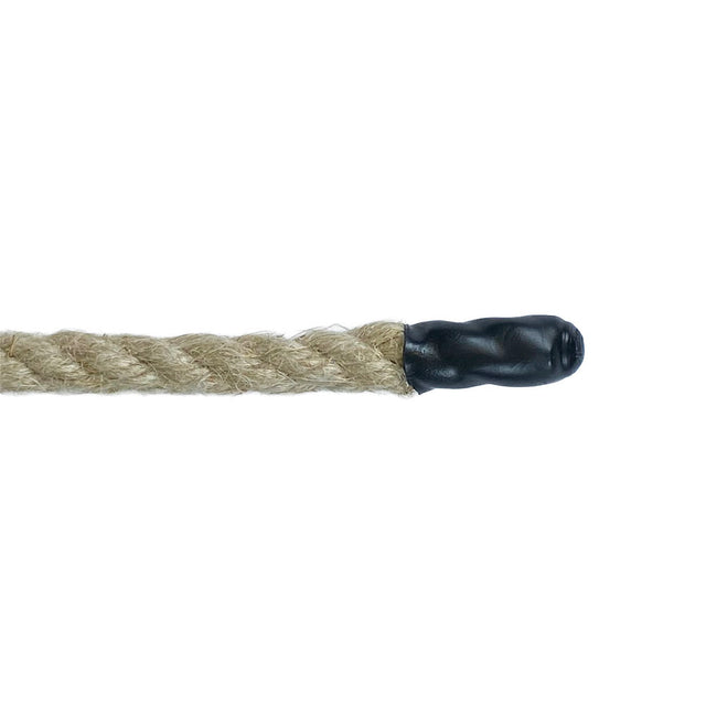 Image of a heat set black plastic end cap on a 12mm flax hemp rope with a white background