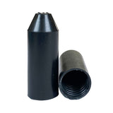 Image of two black plastc end caps, one standing, the other on it's side with a white backgroud