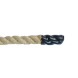Image of a heat set black plastic end cap on a 16mm flax hemp rope with a white background