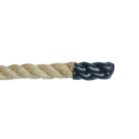 Image of a heat set black plastic end cap on a 16mm flax hemp rope with a white background