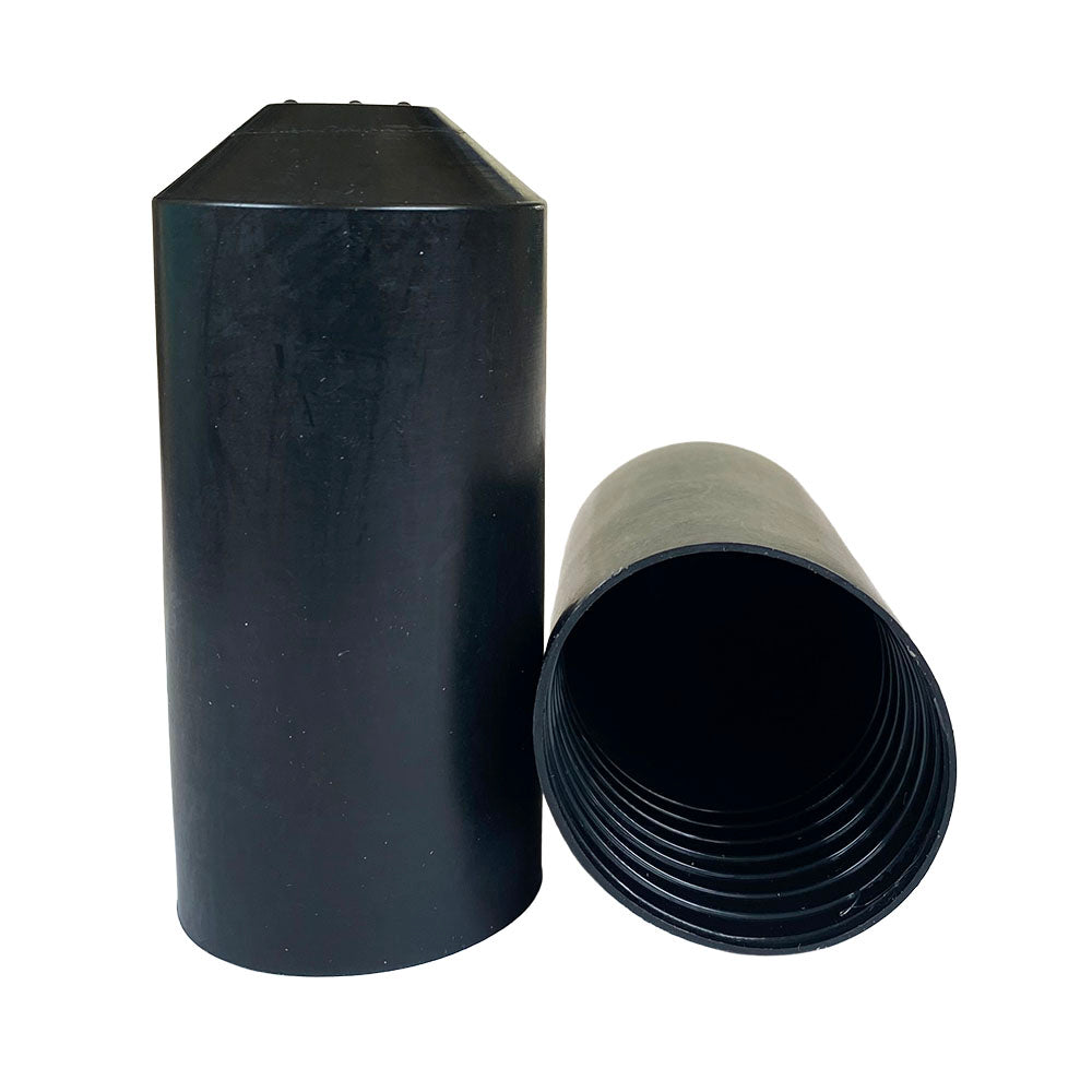 Image of two black plastc end caps, one standing, the other on it's side with a white backgroud