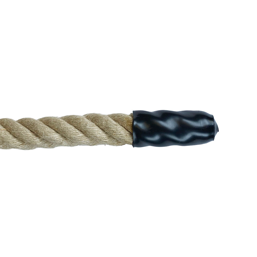Image of a heat set black plastic end cap on a 28mm flax hemp rope with a white background