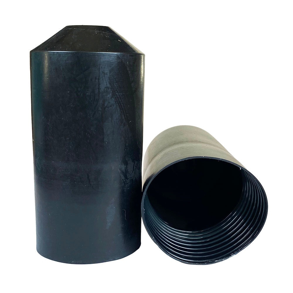 Image of two black plastc end caps, one standing, the other on it's side with a white backgroud